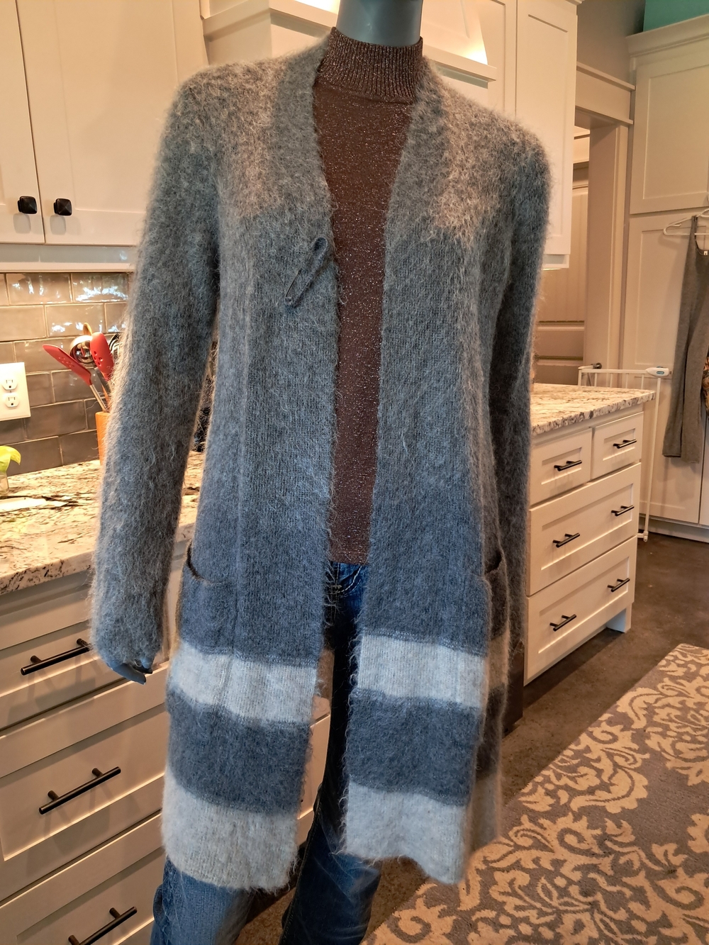 Eileen Fisher Gray Fuzzy Open Cardigan with Light Gray Stripes